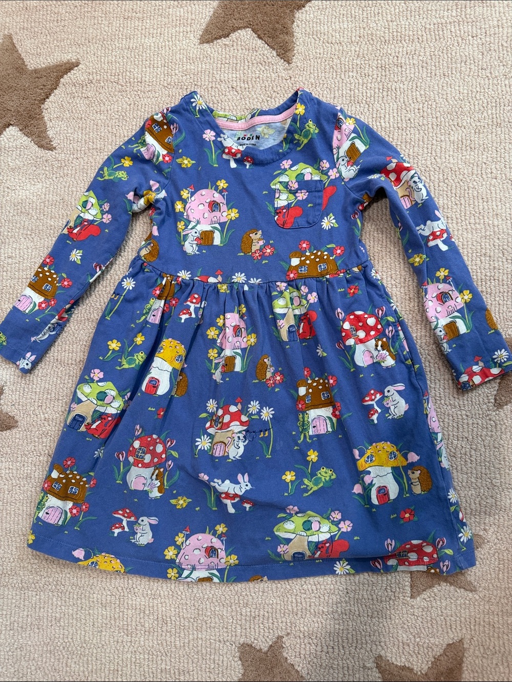 Mini Boden Blue Long-Sleeve Dress with Mushroom House Print